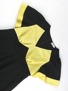 Plus Size Women's Black & Yellow Contrast A-Line Dress, V-Neck Flare Sleeve, Elegant Cocktail Party Dress - Black - View 4