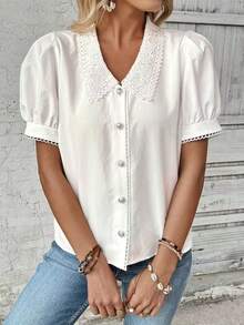 Solid Color Front Button Lace Patchwork Embroidery Contrast Color Short Puff Sleeve Blouse White Summer - White - View 5
