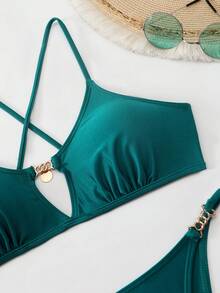 Bikini elegante y sexy de color verde pavo real sólido y dorado, ropa de playa y resort de vacaciones de verano para mujer - Agua verde azul - Ver 2
