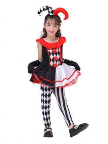 4pcs/Set Girls' Circus Clown Plaid Dress, Pants, Gloves And Headpiece, Children's Carnival Performance Costume - Multicolor - View 3