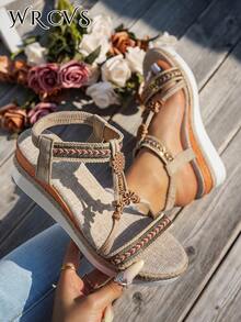 WRCVS Beige Women's Sandals, Strap Shoes, Summer Platform Thick Bottom Sandals, Rope Bottom Fashionable Holiday Sandals, Handmade Beaded Sandals, Random Woven Pattern Bohemian Style Wedge Sandals - Beige - View 3