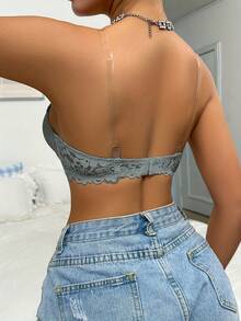 Sujetador bandeau sin tirantes gris, con busto envuelto en encaje, diseño fruncido y broche invisible delantero para mujeres - Gris - Ver 3