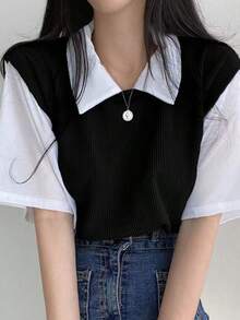 Camiseta de manga corta con cuello polo y dos piezas para mujer, de colores contrastantes, corte holgado, informal y versátil. - Negro - Ver 2