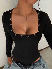 女士黑色连体衣，时尚性感坏女孩风格，方领镂空设计修身长袖连体衣，适合度假、海滩、节日、夜间约会、音乐节、派对等场合。 - 黑色 - 查看 4