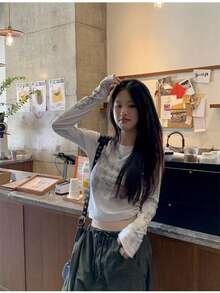 New Women's Printed Short T-Shirt, Slim Fit Long Sleeve Design Top, Spring/Autumn - Beige - View 3