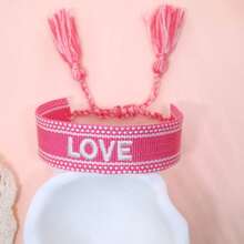 1pc Handmade Bohemian Braided Bracelet With Love Letter Embroidery And Tassel Decor - Pink - View 6
