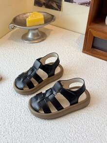 1双夏季新款儿童露趾凉鞋，男女童软底防滑编织罗马鞋，百搭时尚幼儿平底鞋 - 黑色 - 查看 2