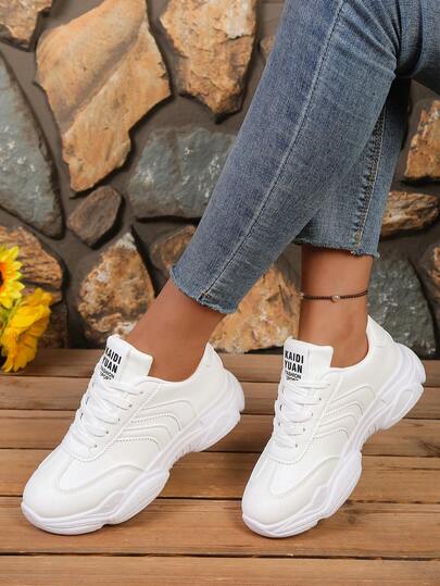 女士简约圆头运动鞋，白色跑步鞋