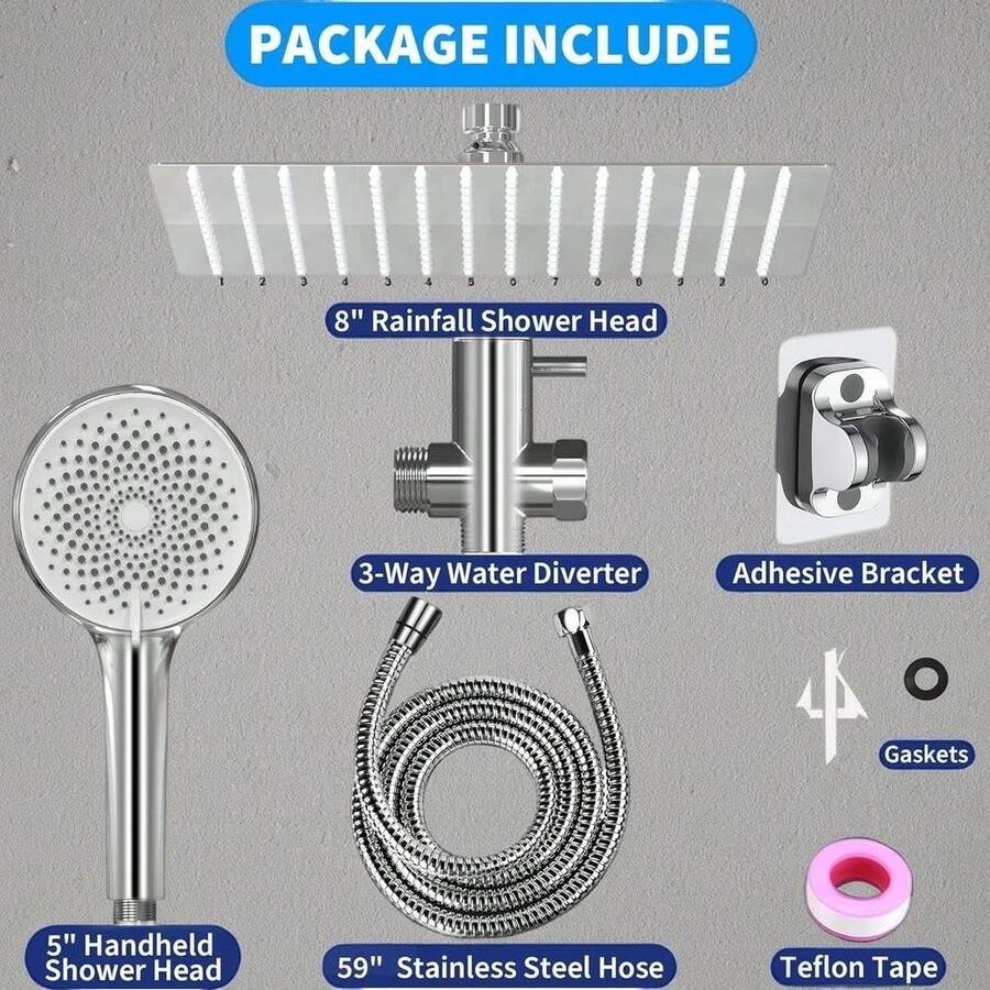 Elegant 8-Inch High Rain Showerhead With 4-Function Pressure Rainfall And Handheld Attachment, 60-Inch Hose, Stainless Steel Silver Finish - Multicolor - View 1