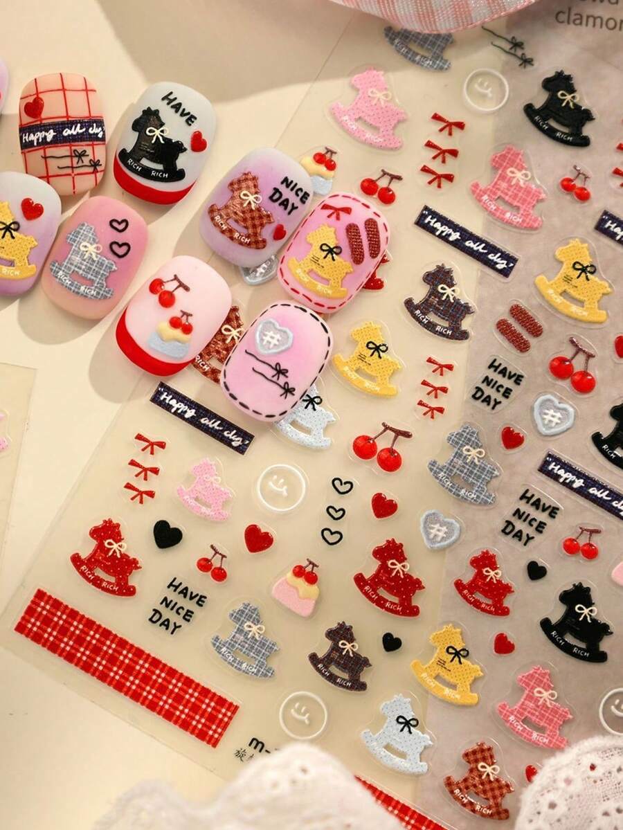 1 pieza Lindo carrusel giratorio, lazo, año del caballo, corazón, estrella, cereza gelatina 5D pegatinas de uñas de dibujos animados, decoraciones de arte de uñas de celebración, autoadhesivas, adecuadas para uñas de niños y niñas, suministros para uñas - Multicolor - Ver 1