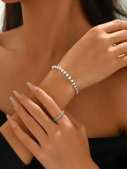 1 Set Asymmetrical Geometric Vintage Design Chic Open Bangle & Ring Set