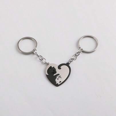 Portachiavi 2 pezzi con coppia di gatti a forma di cuore – acciaio inossidabile, design a forma di cuore – collana/portachiavi con ciondolo gatto Yin-Yang