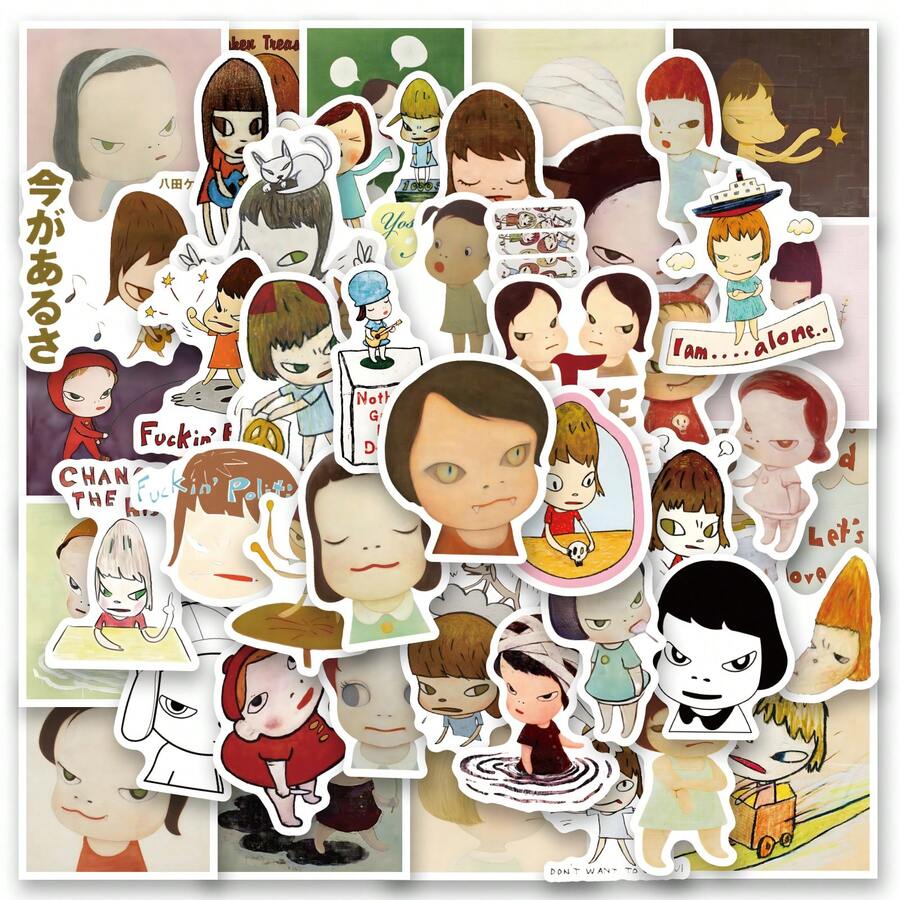 62张奈良美智贴纸，高品质精美贴纸，适用于剪贴簿、日记本、笔记本电脑、保险杠、滑板、水瓶、电脑、手机、安全帽、汽车贴纸和装饰贴花 - 彩色 - 查看 1