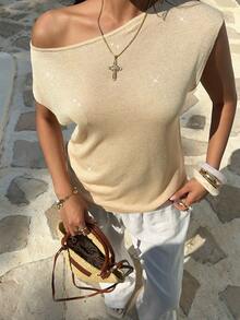 SEREN Summer New Oblique Shoulder Women Knit Sweater, Sexy Asymmetrical Shoulder, Casual, Vacation, Retro, Lightweight, Slightly Sheer, Loose, Short Sleeve Top, Cropped, Summer Women Knit Sweater, Glossy Top, Summer Vacation Beach Outfit, Music Festival Travel Season - Gold - View 6