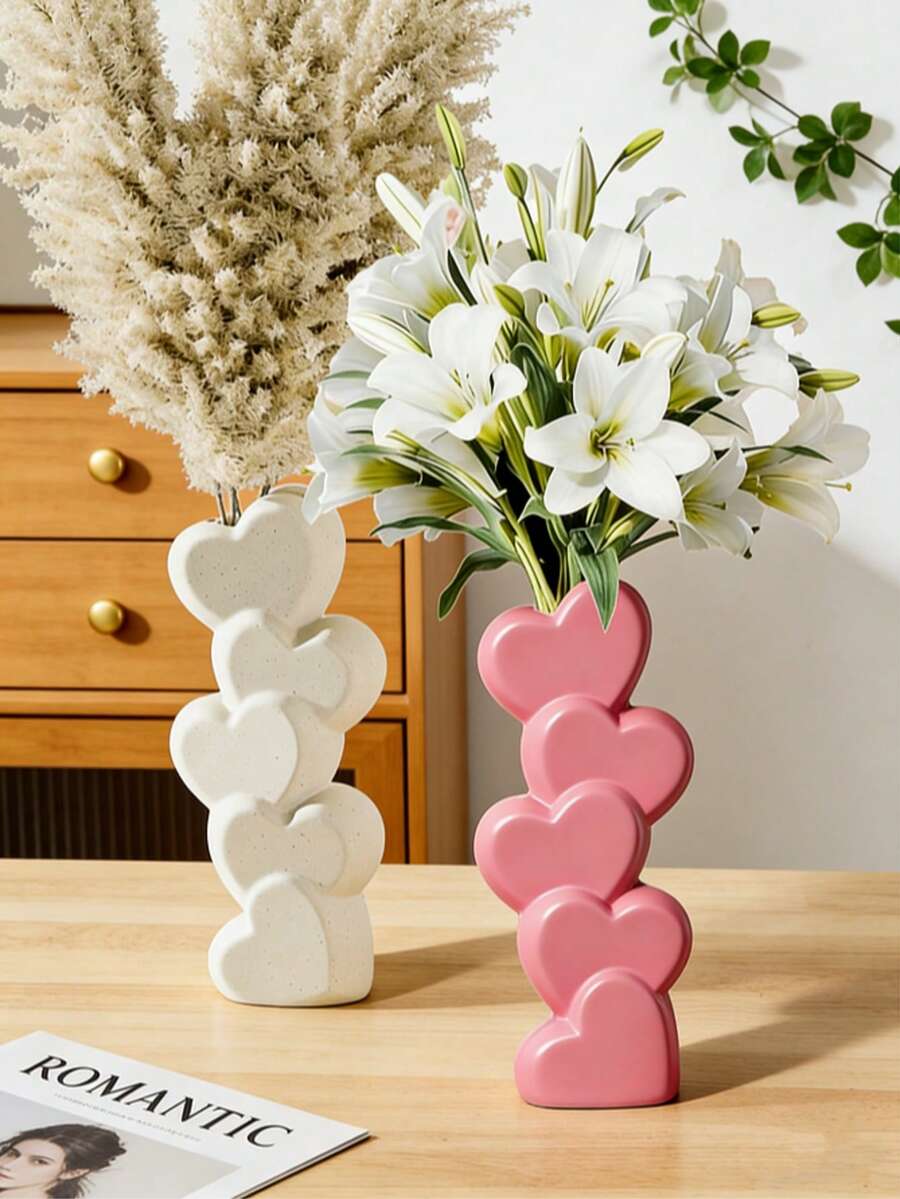 白色心形花瓶（1个） - 现代波西米亚风格，层叠心形设计，高品质陶瓷，适用于情人节、婚礼、办公室、卧室、壁炉架和桌面装饰 - 无需电池，婚礼装饰，表面光滑，情人节礼物，家居装饰 - 彩色 - 查看 1