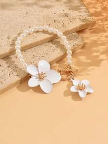 1pc Elegant Faux Pearl Glazed Floral Chain Bracelet, Simple & Versatile Gold-Tone Metal Bracelet Suitable For Daily Wear, Decoration, Outings And Photo Shoots - Multicolor - View 3