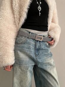 1pc Women's Black & White Shiny Sequin PU Leather Belt - Black and White - View 3