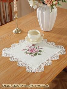 Taplak Meja Polos dari Poliester Linen dengan Bordir Bunga Mawar Merah Muda, Pinggiran Renda Rajutan Bergelombang Berbentuk Kipas Empat Sisi, Dekorasi Botani Vintage untuk Meja Makan, Meja Teh, Pernikahan, Rumah Pertanian, Dapur - MultiWarna - View 7