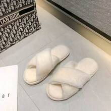 Cross-Strap Ladies Fur Plush Slippers Foreign Trade Cross-Border Slippers Open-Toed Slippers Home Girls Warm Cotton Slippers - 白色 - 查看 6