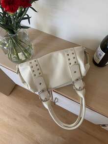 1pc White Women's Handbag, Vintage Punk Rivet Street Style Tote Bag, Large Capacity Metal Ring Fashion High-End Motorcycle Shoulder Bag, Suitable For Commuting, Dating, Daily Matching, Suitable For Career Women, College Students, Fashion Enthusiasts - White - View 7