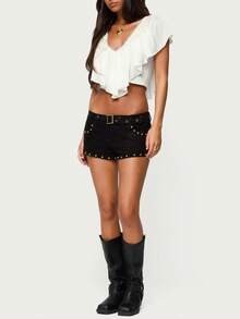 Women Y2K Ruffled V Neck Crop Top Frill Trim Tie Back Summer Going Out Top Vintage Boho Blouse Shirt Streetwear - 白色 - 查看 5