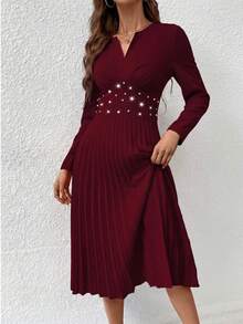 Đầm dài tay cổ chữ V xẻ tà, viền xếp ly, đính pha lê thanh lịch - Màu Đỏ Sâu - Xem 5