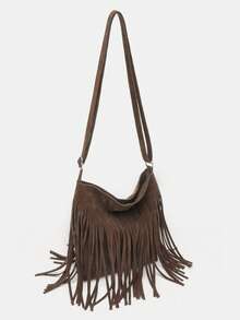 1 chiếc túi xách nữ cỡ trung bình kiểu retro bằng da lộn đơn sắc có tua rua, kiểu phương Tây phong cách Hồng Kông, đeo chéo một bên vai, đa chức năng, cá tính, tối giản, phong cách thường ngày, phù hợp cho đi làm, du lịch, mua sắm, dạo phố thường ngày dành cho phụ nữ sành điệu và sinh viên đại học. - Cà phê - Xem 3