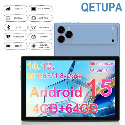 Qetupa Y40 Android Tablet, Yeni Model 2026, 10.1 İnç Ekran, MTK6771 CPU, Sekiz Çekirdekli 2.0 GHz Yüksek Hızlı İşlemci, 4GB RAM + 64GB Depolama (1TB SD Kart Genişletmeyi Destekler), 1280*800 HD IPS Dokunmatik Ekran, 5MP Ön Kamera + 8MP Arka Kamera, 6000mAh Uzun Ömürlü Batarya, 802.11ax Wi-Fi 6 ve GPS Desteği