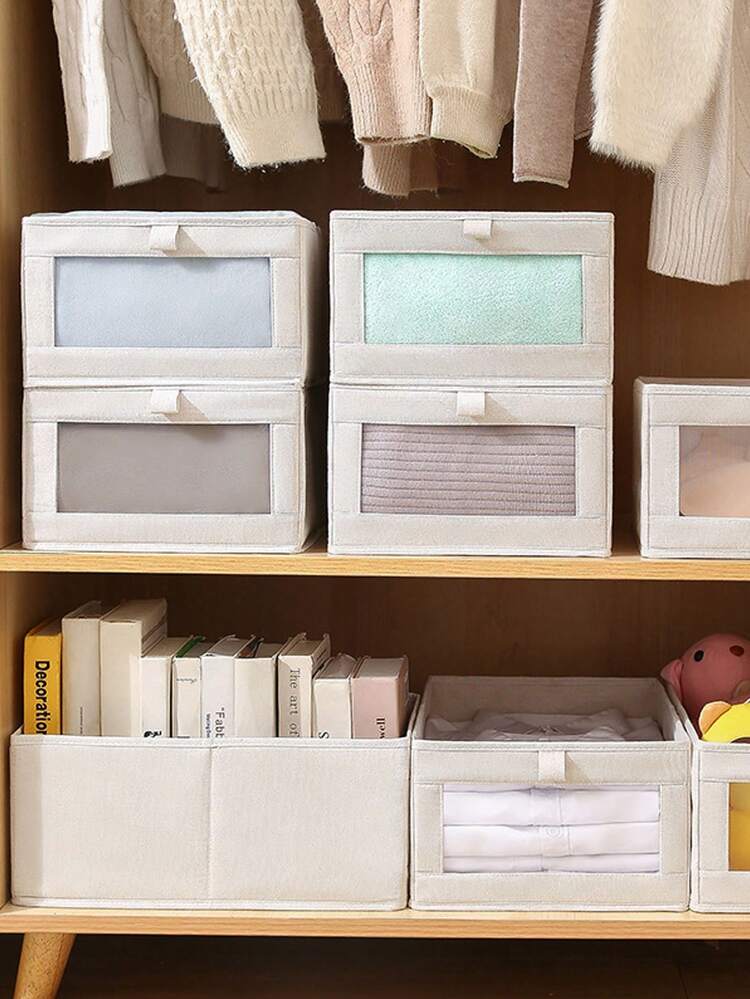 1pc/2pcs/5pcs White Fabric Transparent Window Storage Box, Underwear & Clothing Organizer Drawer, Stackable Storage Container For Wardrobe, Toys & Miscellaneous - Multicolor - View 1