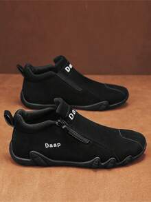 男士休闲运动鞋、户外皮鞋、时尚拉链低帮踝靴、防水皮靴、休闲乐福鞋、防水防滑运动鞋、时尚厚底增高鞋、复古做旧彩色拉链皮鞋 - 黑色 - 查看 3