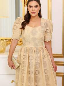 Vestido midi feminino social elegante moda evangélica bordado festa casamento madrinha - Amarelo (estampado) - Visão 4