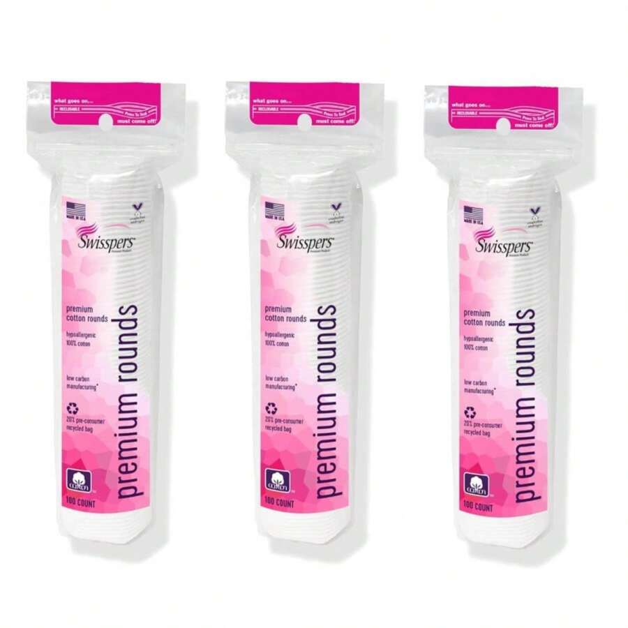 Swisspers Premium Cotton Rounds - 100% Chlorine Free Cotton Face Pads For Makeup, Nail Polish Removal - Dermatologist Tested And Hypoallergenic, Made In USA - 100 Pads (Pack Of 3) - ColorC - 查看 1