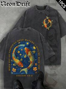 Men's T-Shirt, Double-Sided Printing Men's Retro Distressed T-Shirt, Pure Cotton Material, Ideal Gift For Halloween, Thanksgiving And Christmas, Unisex Style Men's Koi Fish T-Shirt With Deep Water Artwork Japanese Inspired Design Relaxed Fit Casual Wear For Nature Lovers Zen Style Streetwear Fashion  Graphic Tee - 黑色 - 查看 1