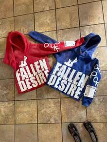 Streetwear Hoodie Fallen Desire Letter Patch Graphic Print Punk Grunge Y2k Style Red Oversized Loose Fit Casual Hip Hop Aesthetic Edgy Design Distressed Detail Dotted Hood Graffiti Sleeve Statement Urban Fashion Top - 藍色 - 查看 3