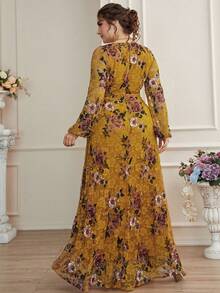 Plus Size Women's Mustard Yellow Floral Lace A-Line Dress, V-Neck, Bishop Sleeve, Flared Hem Vacation Spring - Ginger - View 2