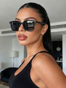 Black Retro Square Frame Plastic Sunglasses, Classic Unisex Fashion Eyewear For Outdoor Sports, Cycling, Travel, Beach, Driving, Fishing, Summer UV Protection - 黑色 - 查看 1