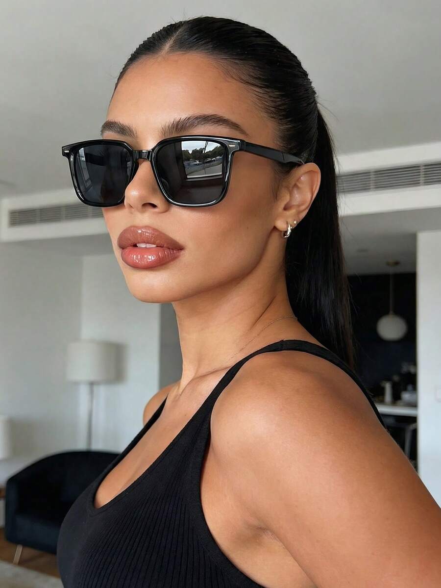 Black Retro Square Frame Plastic Sunglasses, Classic Unisex Fashion Eyewear For Outdoor Sports, Cycling, Travel, Beach, Driving, Fishing, Summer UV Protection - 黑色 - 查看 1