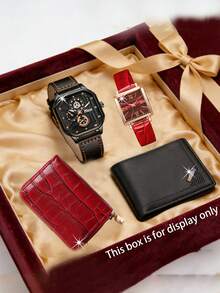 4pcs Luxury Couple Watch Set, Vintage Black & Gold Couple Watches + Leather Card Holder Wallet, Fashion Square Wrist Watch, Gift For Valentine''s Day Anniversary - Multicolor - View 16