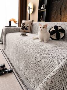 1件雪尼尔沙发毯，几何图案沙发套，宠物防抓沙发保护套，可机洗家居装饰，适用于L型组合沙发、双人沙发和三人沙发，节日装饰（单独出售） - 黑與白 - 查看 2