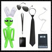 6pcs 2D Plane - MIB Proxy Accessories - Black Glasses, Zipper Tie, ID Card, Headphones And Inflatable Green Alien - Perfect For Halloween, Role-Playing, Carnivals And Costume Parties - Cool And Fashionable Sci-Fi Themed Props Suitable For Both Men And Women, Halloween Accessory Set | Sci-Fi Theme | Durable Plastic, Halloween Accessory - Green - View 2