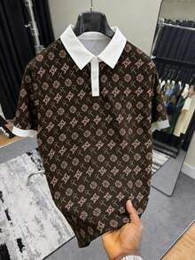 WAIT HIM Men's Casual All-Over Print Contrast Trim Short Sleeve Polo Shirt - Brown - View 1
