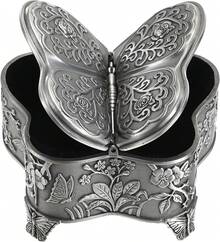 Butterfly Design Metal Jewelry Box, Vintage Trinket Storage Chest, Ring Earrings Necklace Organizer, Large Decorative Box - Bạc - Xem 11