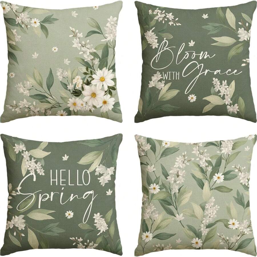 4PCS Spring And Summer White Daisy Pillowcases, Lilac Green Sofa Cushion Cover Set, 4-Piece Set With Printed Side Only, Excluding Pillow Insert (16x16 Inches, 18x18 Inches, 20x20 Inches) - Green - View 1