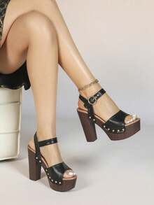 Women's Bold Buckles Studded Wedge Sandal Platform Heeled Summer Fashion Sandals Ankle Strap Shoes - 黑色 - 查看 1