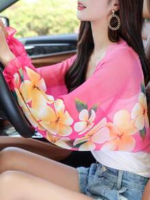 1pc Women's Chiffon Shawl With Sleeves, Casual Lightweight Poncho - Gentle Rose Red - View 4