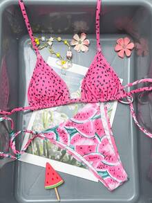 New Sexy Elegant Watermelon Print Adjustable Tie Back Bikini Swimsuit Set, Fashionable For Beach, Travel, Holiday, Party, Spring/Summer - Multicolor - View 1