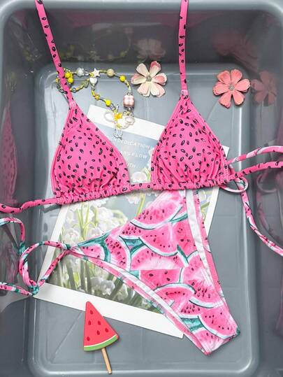 New Sexy Elegant Watermelon Print Adjustable Tie Back Bikini Swimsuit Set, Fashionable For Beach, Travel, Holiday, Party, Spring/Summer