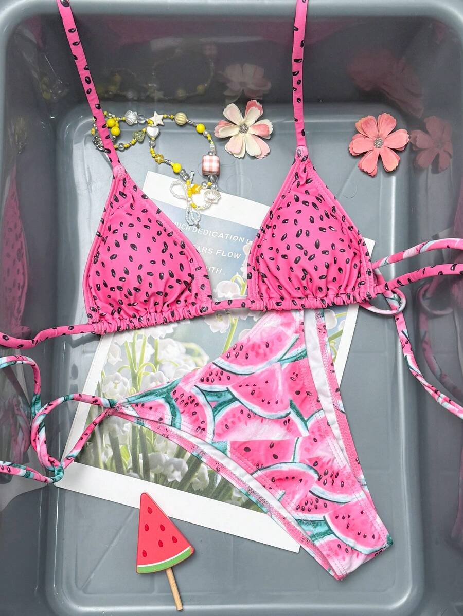 New Sexy Elegant Watermelon Print Adjustable Tie Back Bikini Swimsuit Set, Fashionable For Beach, Travel, Holiday, Party, Spring/Summer - Multicolor - View 1