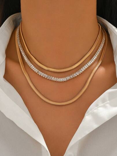 3pcs/Set Fashionable Multi-Layer Metal Gold Necklace, Geometric Minimalist Rhinestone Decor Necklace Jewelry Set, Suitable For Daily Wear, Parties, Holidays And Vacations. Chain Length Adjustable.