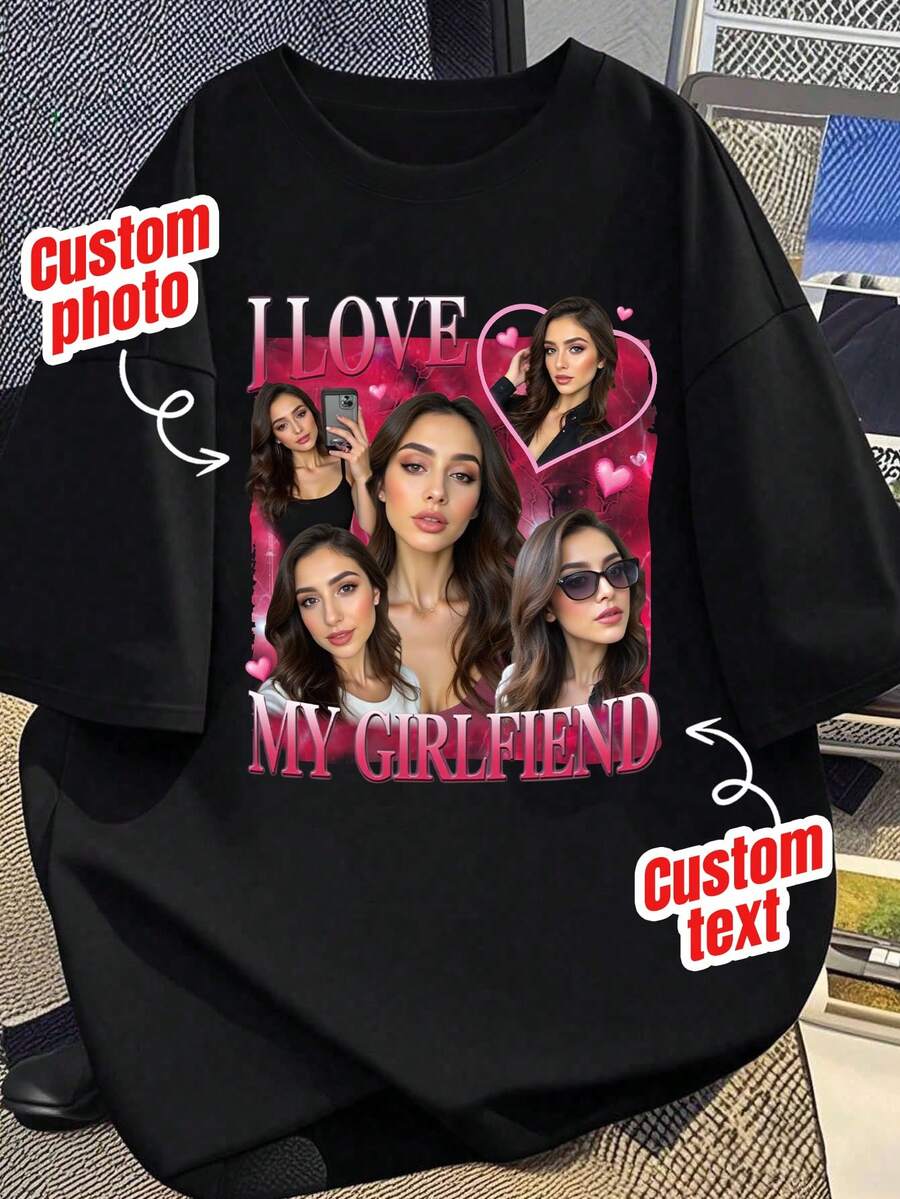 Customized Face T-Shirt, Customized Valentine's Day T-Shirt, Customized Retro Bootleg T-Shirt, Customized 90s Hip Hop T-Shirt, Customized Girlfriend T-Shirt, Personalized Photo Face Shirt, Customized Name & Image T-Shirt, Customized Face Shirt, Customized Single Party Shirt, Bride Shirt, Customized Gift, "I Love My Boyfriend" Personalized Face Valentine's Day Gift T-Shirt - Black - View 1